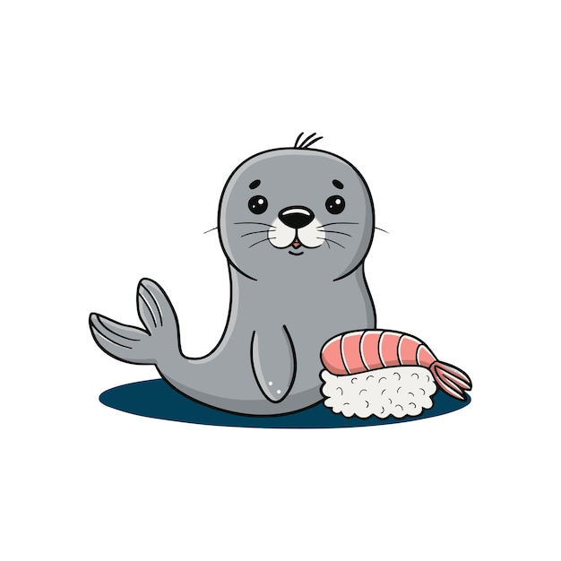 Simple illustration of cute seal with sushi nigiri and wasabi