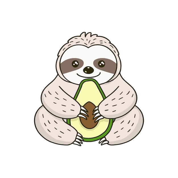 Simple illustration of cute sloth eating an avocado