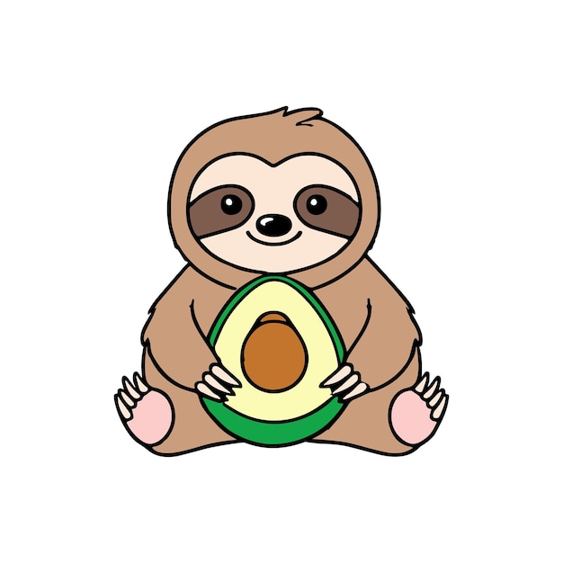 Simple illustration of cute sloth eating an avocado