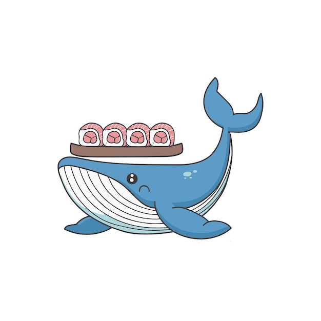 Simple illustration of cute whale holding a sushi platter