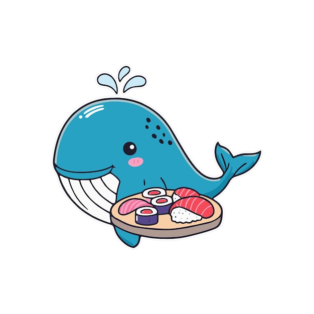 Simple illustration of cute whale holding a sushi platter