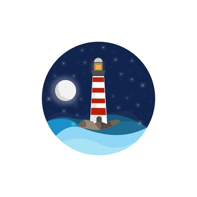 Simple Illustration Logo Night View at the Lighthouse by The Sea