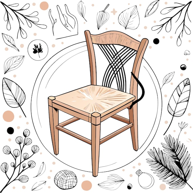 Vector a simple illustration of a wooden chair surrounded by nature motifs