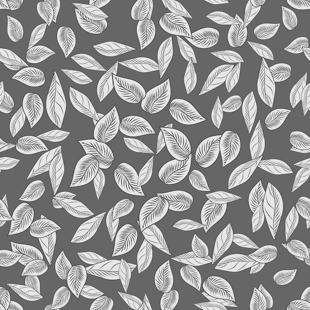 Simple leaf seamless pattern on black background. Abstract foliage wallpaper. Monochrome leaves vintage engraved style. Vector illustration