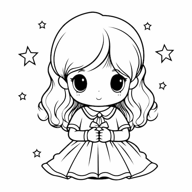 Simple line art a cute girl in vector style