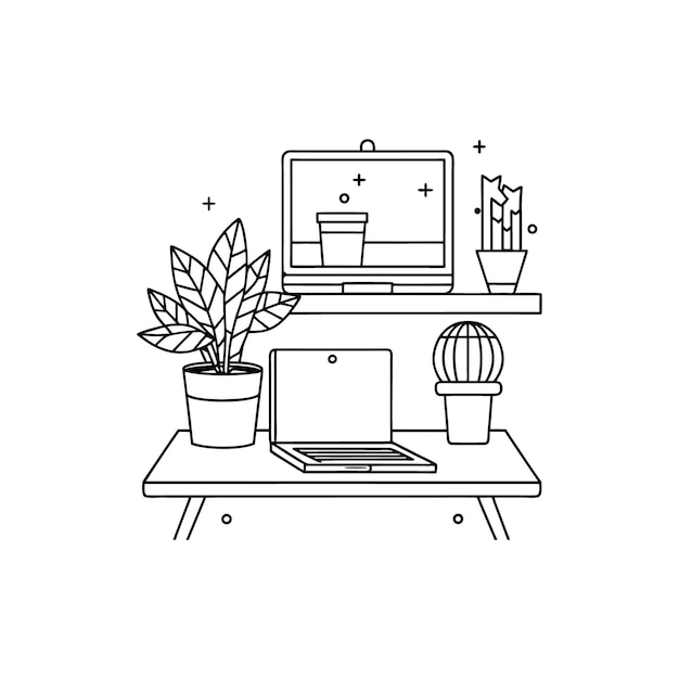 Simple Line Art Desk with Laptop Coffee and Plant