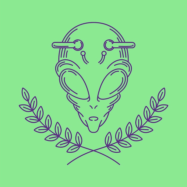 Simple line art logo of wreath leaves with alien head