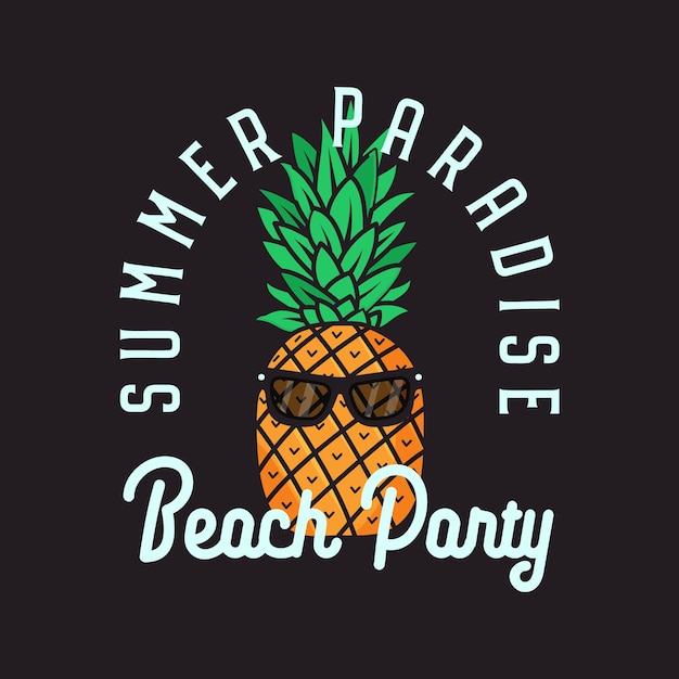 Simple line art vector logo design template with tropical pineapple and Summer Paradise Beach Party lettering on black background