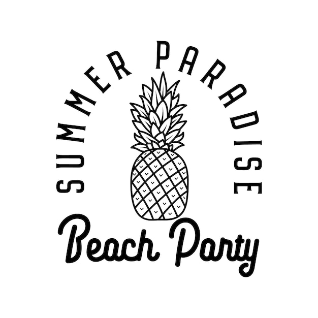 Simple line art vector logo design template with tropical pineapple and Summer Paradise Beach Party lettering on white background