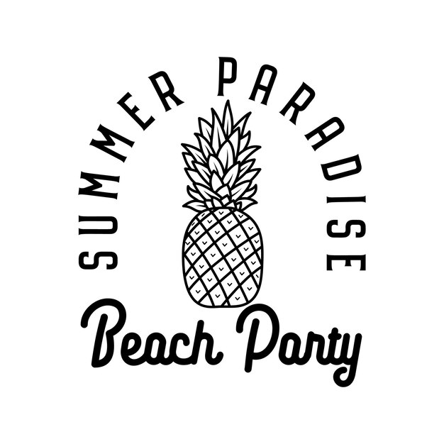 Vector simple line art vector logo design template with tropical pineapple and summer paradise beach party lettering on white background