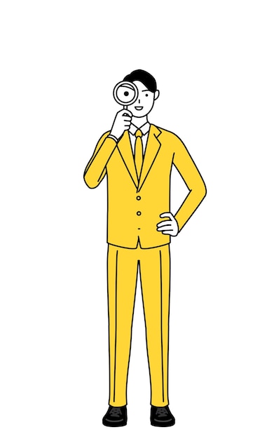 Simple line drawing illustration of a businessman in a suit looking through magnifying glasses