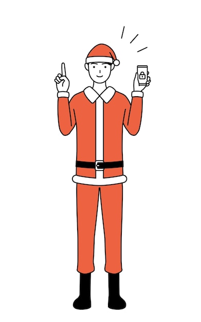 Simple line drawing illustration of a man dressed as Santa Claus taking security measures for his phone