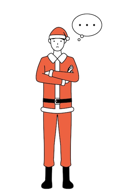 Simple line drawing illustration of a man dressed as Santa Clausarms crossedthinking