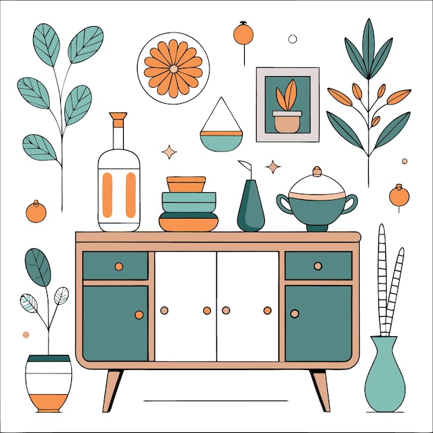 Vector a simple line drawing of a retro cabinet with decorative items