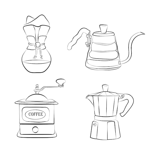 Simple lineart vector of coffee devices Hand drawn art for menu fliers posters iconc chalkboard