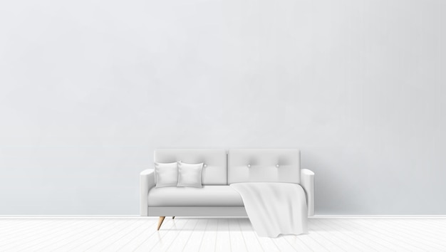 Vector simple living room interior with gray sofa pillows plaid