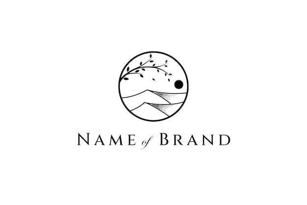 Simple logo on which an abstract image of a wavy sand dunes with a tree in a circle