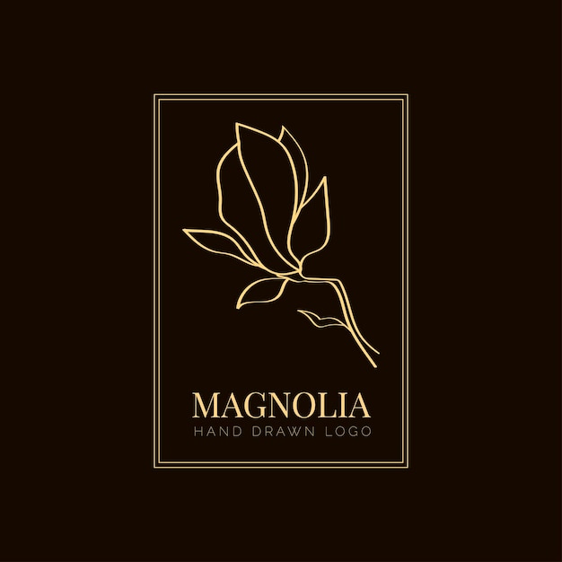 Simple magnolia flower logo illustration for real estate. Botanical floral emblem with typography on brown background