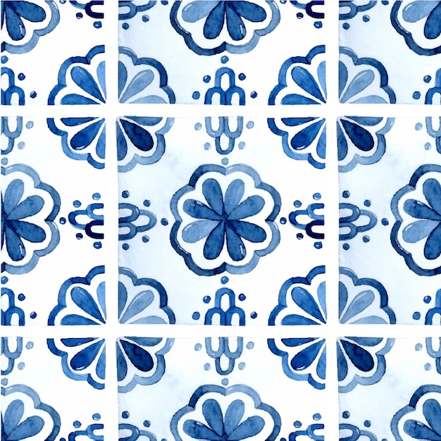 Simple Mediterranean tiles seamless pattern watercolor background