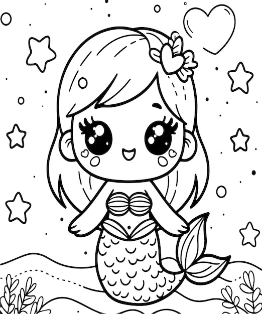 Vector simple mermaid cartoon line art coloring page for children ai gegenerated