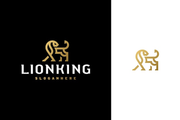 Simple minimal elegant luxury lion vector logo design in line art outline style with gold color