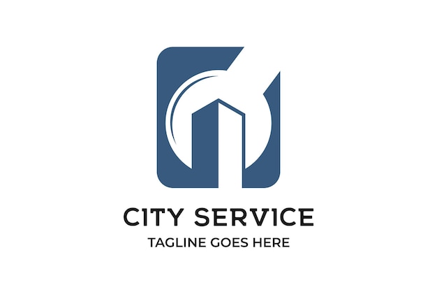 Simple Minimalist City Building with Wrench for Service Logo Design Vector