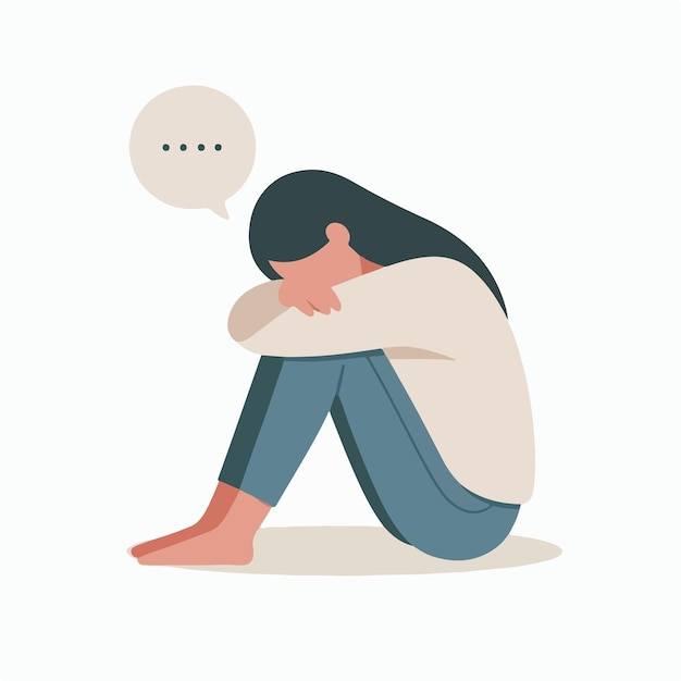 Vector simple and minimalist image of a woman feeling sad with a white background