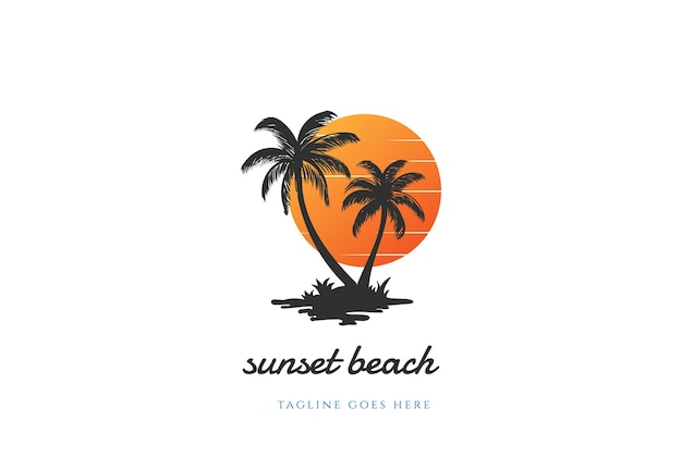 Simple Minimalist Sunset Sunrise with Palm Tree Logo Design Vector