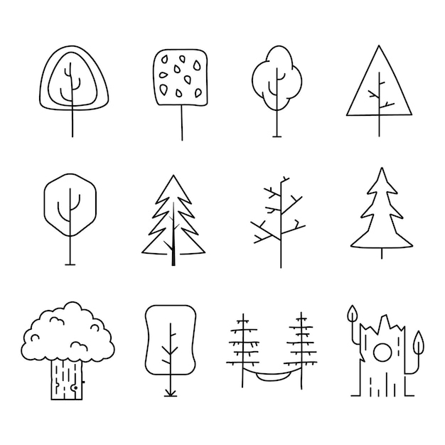 Simple and minimalist tree icons collection Line art silhouette trees Stock vector linear symbols