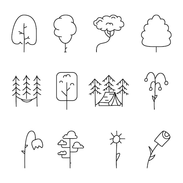 Simple and minimalist tree icons collection Line art silhouette trees Stock vector symbols set