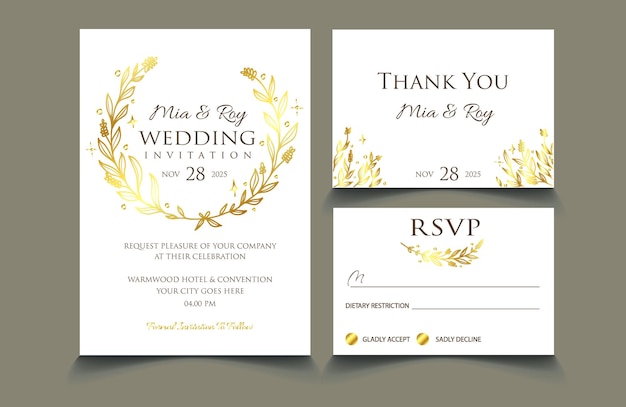 Simple minimalist white wedding invitation with gold doodle leaves