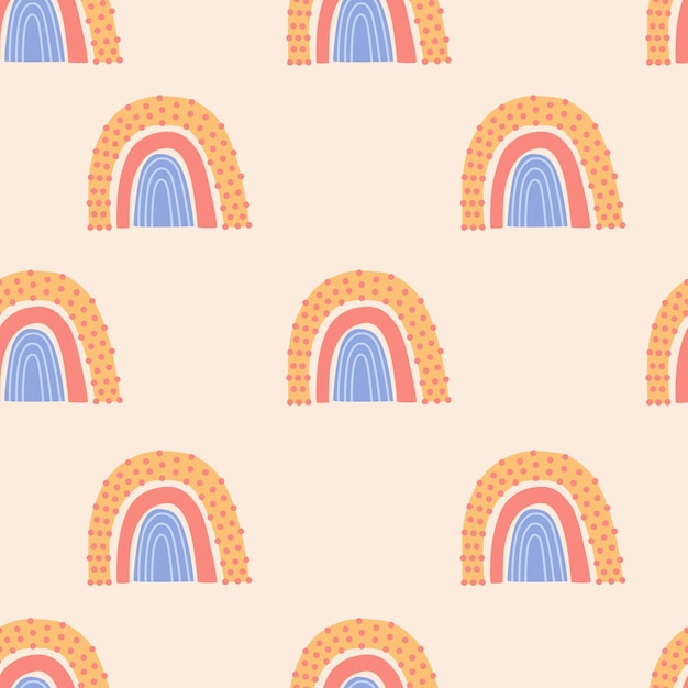 Simple minimalistic seamless pattern with boho rainbows in modern trendy vector flat cartoon style on yellow background, naive monochrome arch repeat texture design for wallpaper or wrapping paper