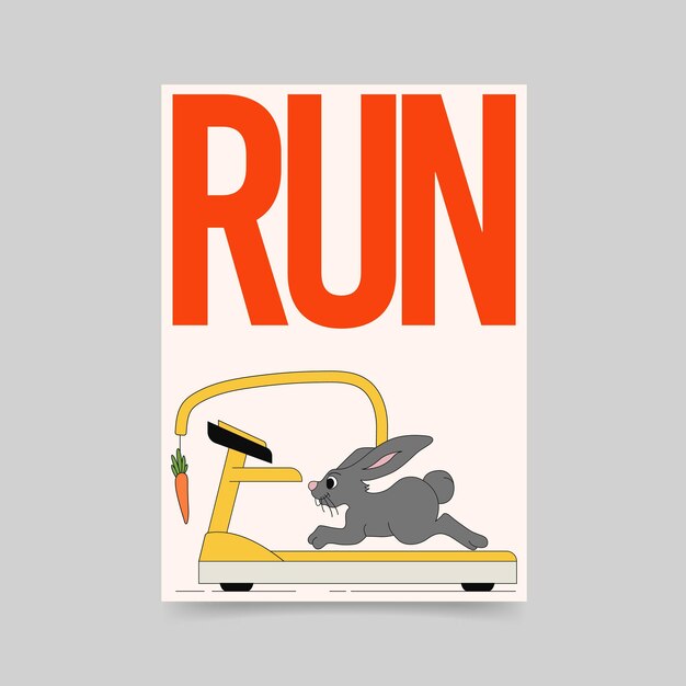 Vector simple and modern editable a4 poster featuring a rabbit on a treadmill chasing a dangling carrot