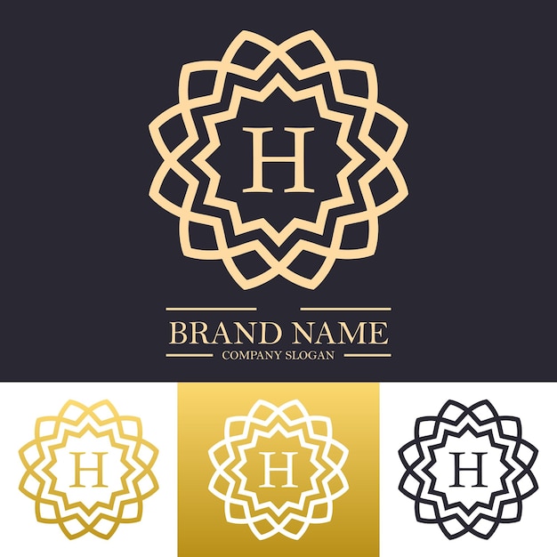 Simple modern mandala logo design template with letter h and floral line art concept