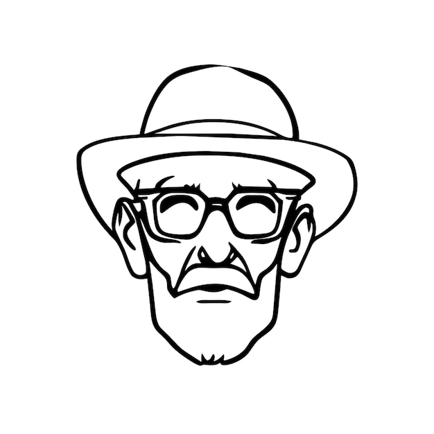 a simple old men with spectacles and cowboy hat vector illustration unusual black and white no