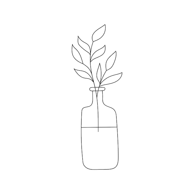 Simple outline doodle vase with twig and leaves Home decor interior decoration Hand drawn black and white vector illustration isolated on a white background