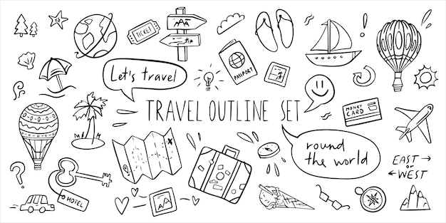 Simple outline travel set Line hand drawn doodle style