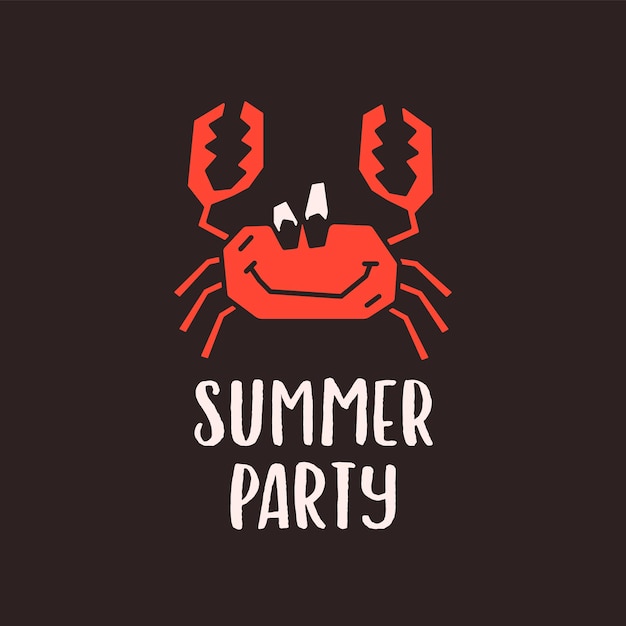 Simple outline vector logo design template with cheerful funny cartoon crab character and Summer Party inscription on black background