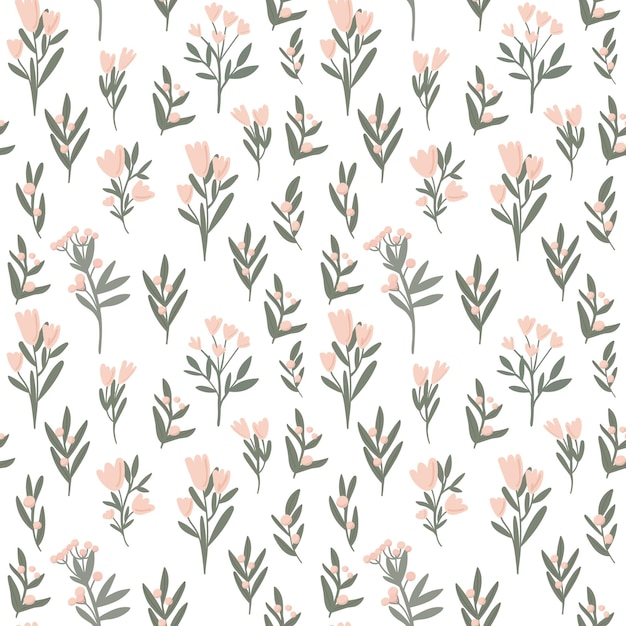 Simple pattern with cute flowers and leaves pastel color