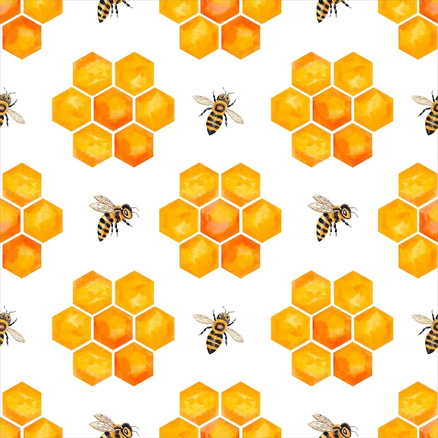 Vector simple pattern with honey bees honeycomb bee products honey puddles flowers bee honey pattern