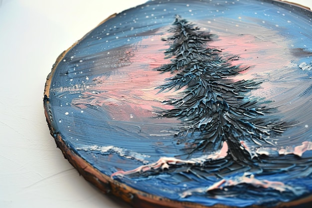 Simple pine tree painting in the style of dark skyblue and pink tondo celestialpunk natural scenery