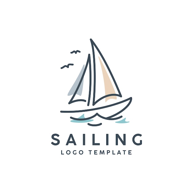 Simple Sailboat dhow boat ship on Sea Ocean Wave with line art style logo design