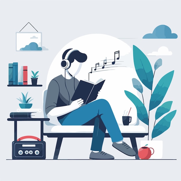 Simple scene of people with book and music in flat design