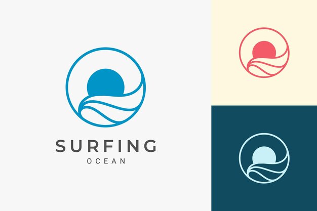 Simple sea or surf logo with ocean wave and sun in circle shape