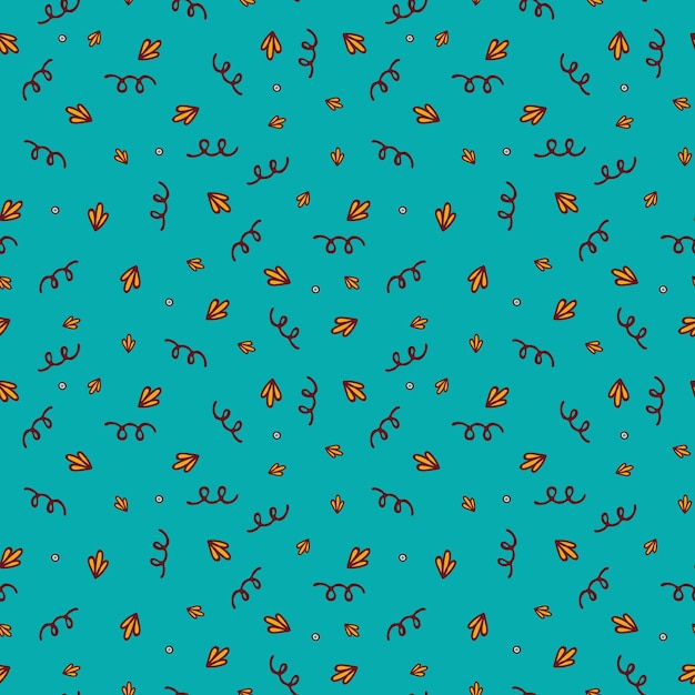 Simple seamless pattern on blue background with handdrawn petals and squiggles Vector illustration