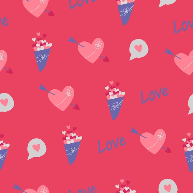 Simple seamless pattern. The inscription love, heart and arrow, bouquet of hearts. Valentine's Day background. Flat design in boho style.