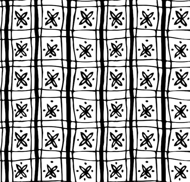 A simple seamless pattern with doodle flowers on a checkered fabric In black ink