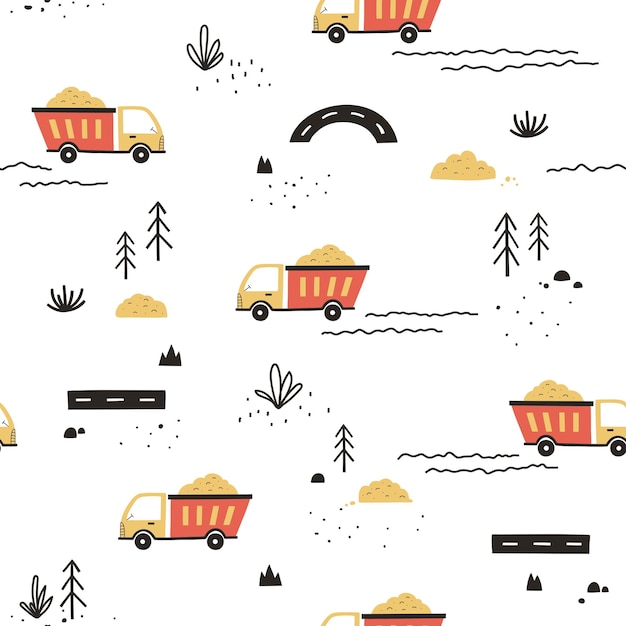 Simple seamless pattern with truck and plants. Scandinavian style design for baby and kid clothes