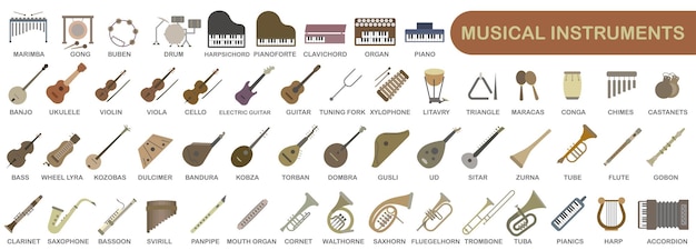 A simple set of colored musical instruments Images of various musical instruments with titles