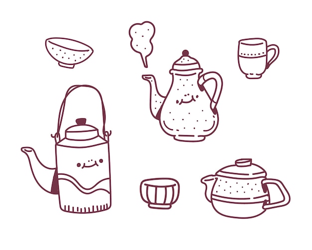 simple set  doodle style . cup of tea drawing style